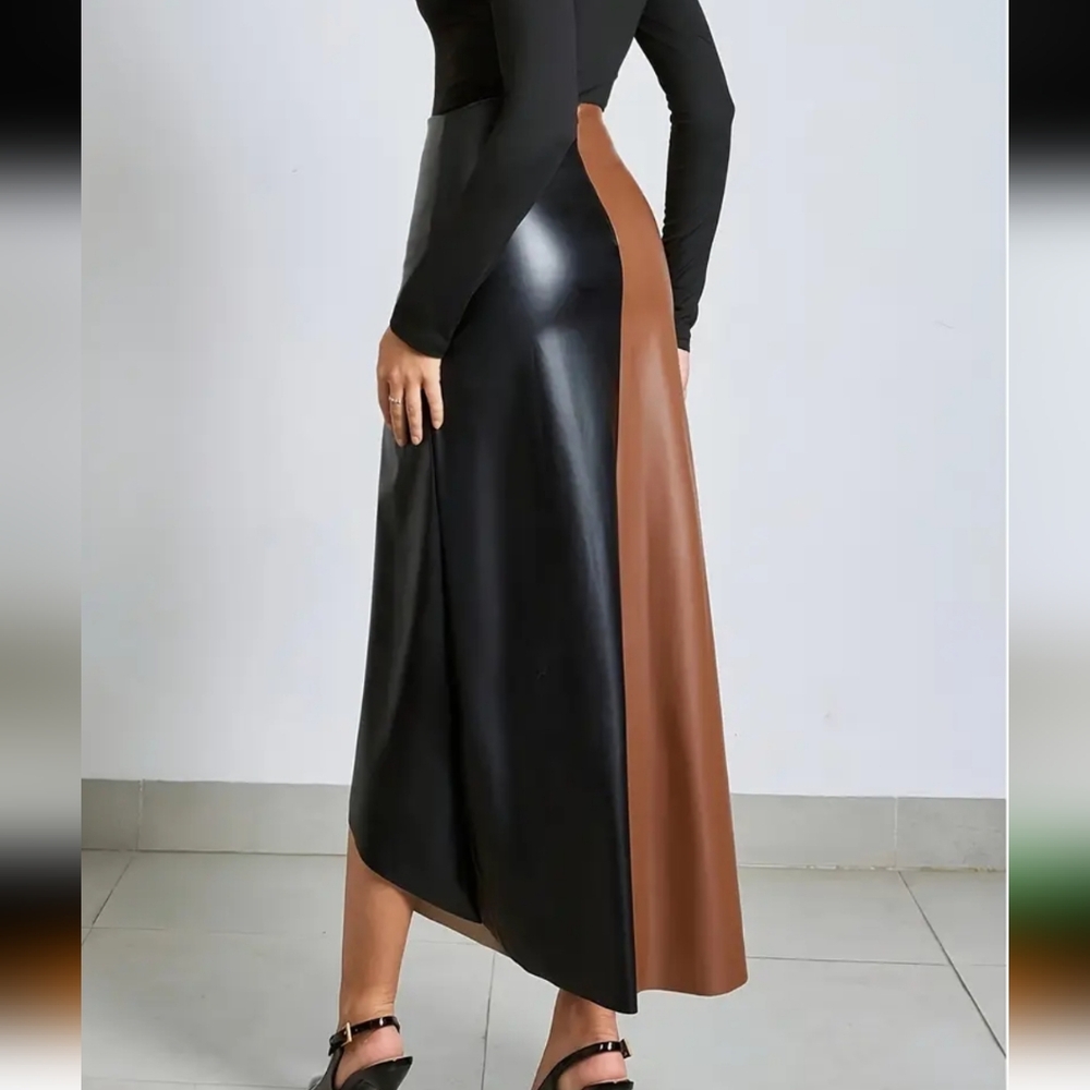 Elegant French-Inspired A-Line Midi Skirt for Women - Chic Black & Beige Two-Ton - Picture 4 of 4